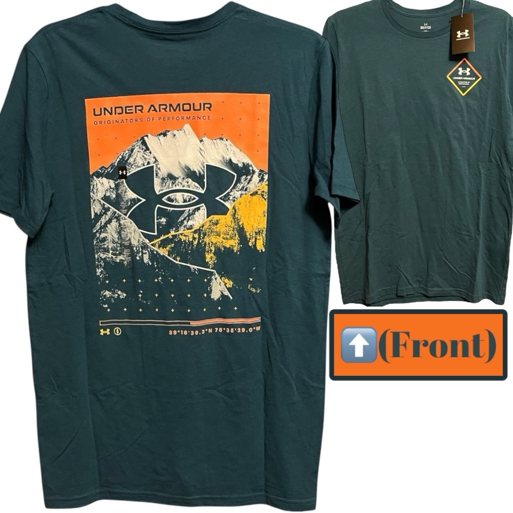 Mens Under Armour t-shirt SM UA Engineered Mountain Tee TShirt Teal Orange White